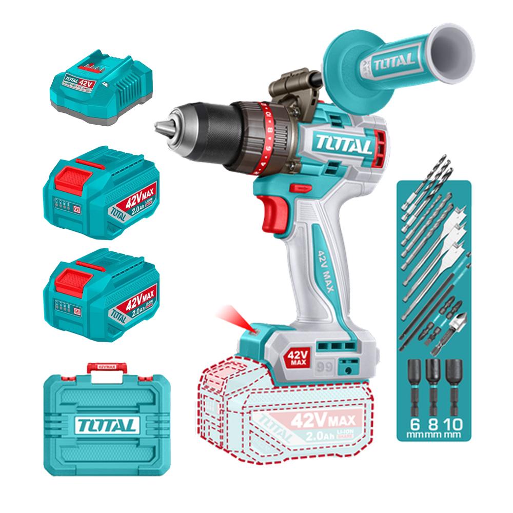 Taladro inalambrico percutor 1/2" 99NM 42V caja plastica incluye 2 bateria 2.0AH, 1 cargador y accesorios industrial super total (UTIDLI429982)